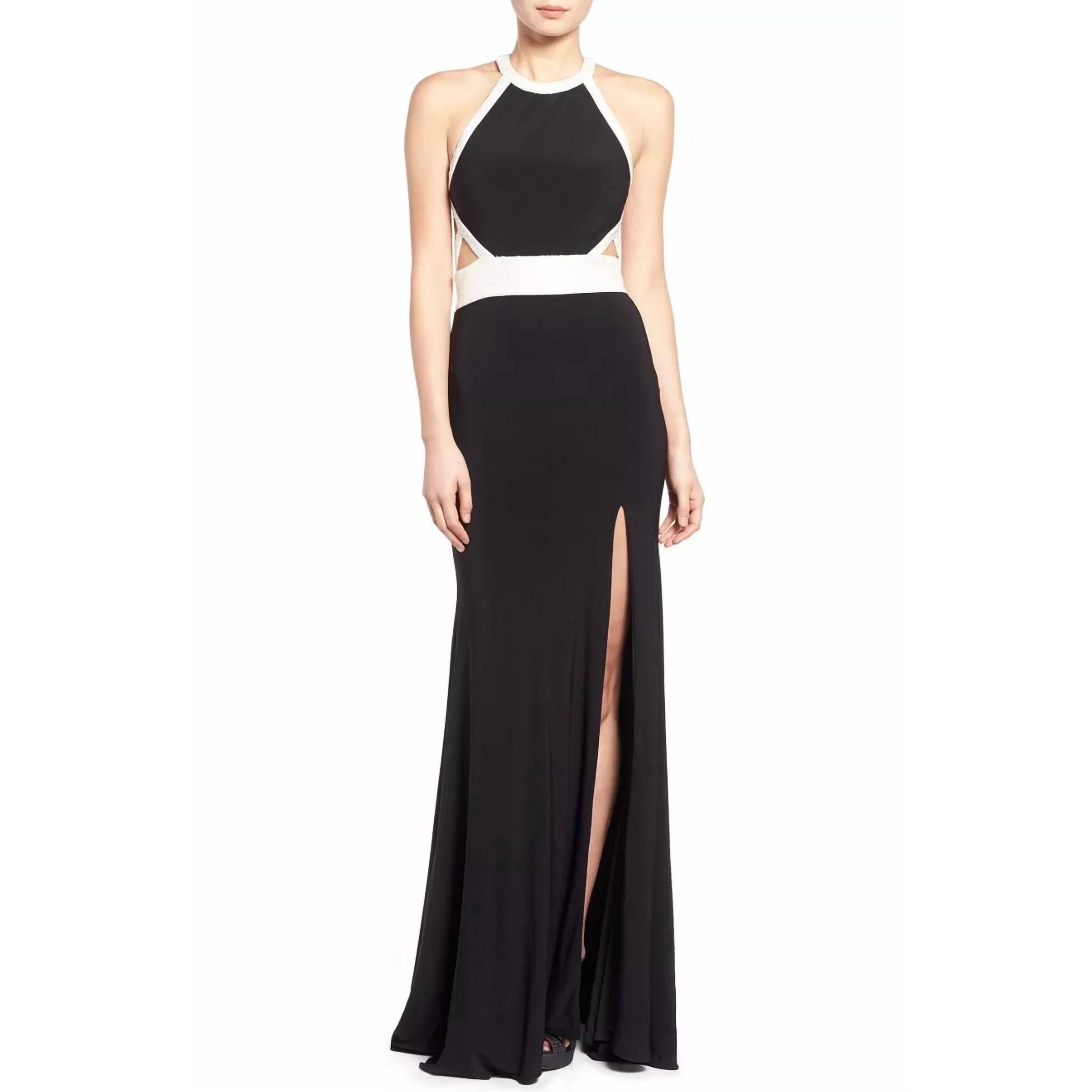 New Mac Duggal Beaded High Neck Gown With Cutouts In Black/White